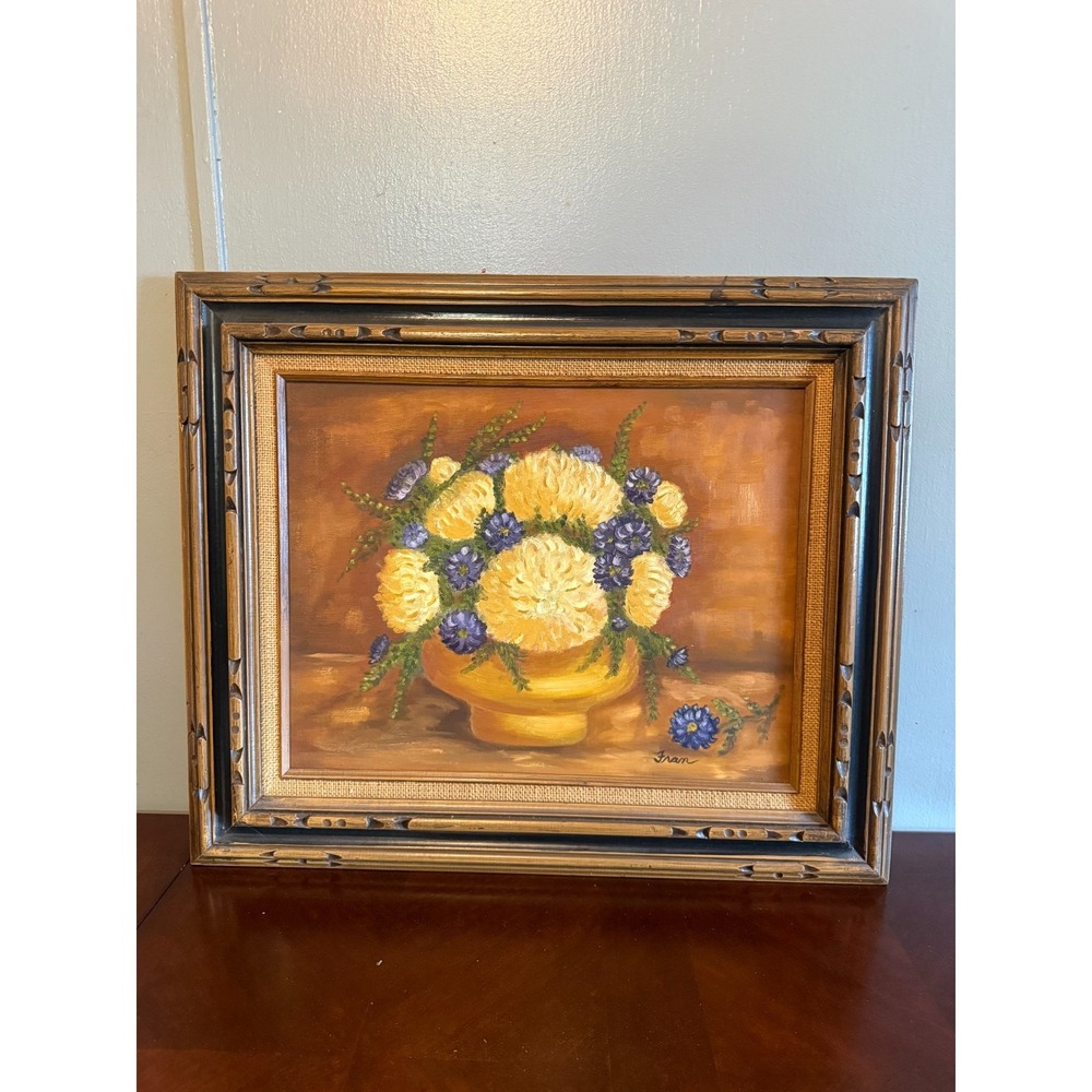 Vintage Framed Floral Still Life Art Print Ornate Wood Frame Rustic Decor 25x21
